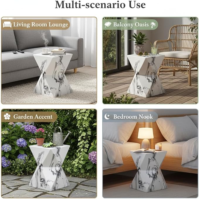 Merax 18.5" H Modern Geometric MGO Side Table, Hourglass Accent Table with Faux Marble Finish - Weather Resistant End Table for Indoor and Outdoor Use, Living Room, Bedroom & Patio, Faux Marble