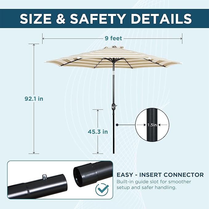9FT Outdoor Patio Umbrella with Push Button Tilt and Crank, Market Umbrella, 8 Heavy-Duty Ribs, Outdoor Table Umbrella for Garden, Deck, Poolside & Backyard