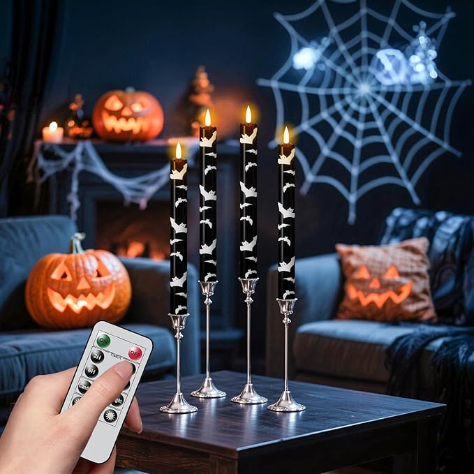 Eldnacele Flameless Flickering Taper Candles with Remote and Timer, Battery Operated Bats Decal Real Wax Black LED Window Candles Set of 4 Fireplace Spooky Halloween Holiday Decor
