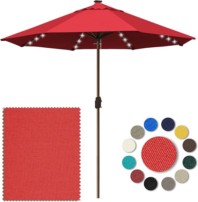 Eurmax USA 10-Year-Non-Fading 10FT Outdoor Patio Market Umbrella with LED Lights,UPF50+ UV Resistant,Heavy Duty Commercial Grade,Crank Lift Design,Windproof Vented Top for Garden,Pool,Deck,Logo Red