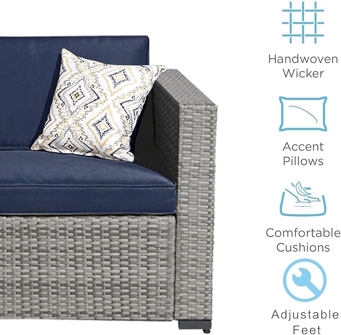 7-Piece Modular Outdoor Sectional Wicker Patio Conversation Set with Glass-Top Coffee Table, All-Weather Rattan and Cushion Fabric – Gray/Navy