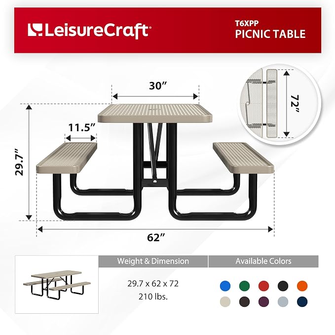Leisure Craft Metal Picnic Table with Bench - 6 ft Rectangle Outdoor Dining Table for 6, Umbrella Hole, Weatherproof Heavy Duty Thermoplastic Coating, Commercial Grade Furniture Made in USA - Beige