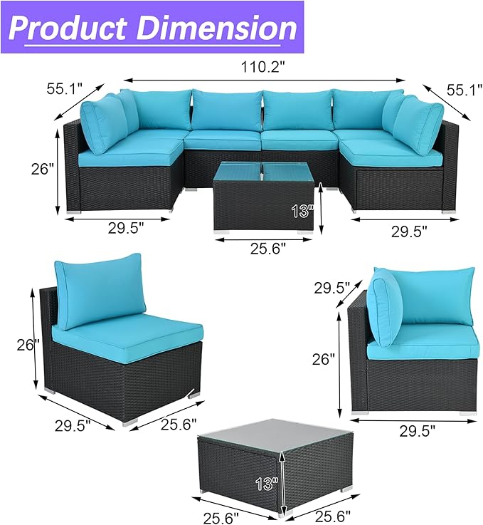 7 Piece Outdoor Patio Furniture Sets, Turquoise Patio Sectional Furniture All-Weather PE Rattan Sectional Sofa, Outdoor Wicker Conversatin Set w Coffee Table for Backyard, Garden, Porch