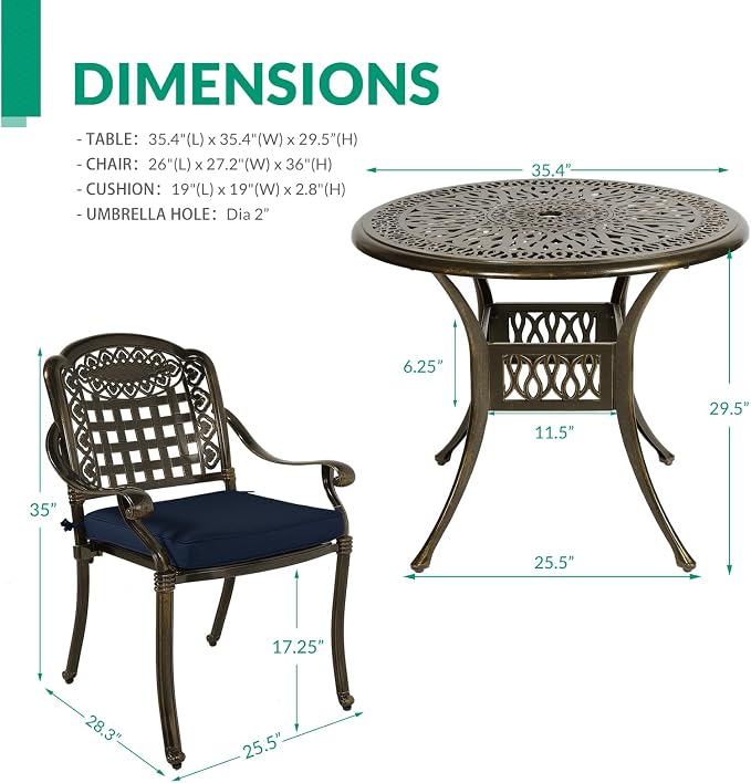 VIVIJASON 3-Piece Outdoor Patio Bistro Set, All-Weather Cast Aluminum Furniture Dining Sets Include 2 Cushioned Chairs and 35.4" Round Table w/Umbrella Hole for Balcony, Garden, Navy Blue Cushion