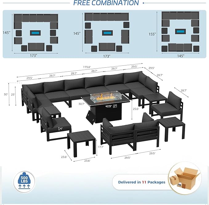NICESOUL 17 Piece Luxury Aluminum Outdoor Sectional Sofa with Fire Pit Table & End Table, L Shaped Oversized Modular Patio Furniture Set, 500 lbs Heavy Duty Conversation Set for Backyard, Dark Gray