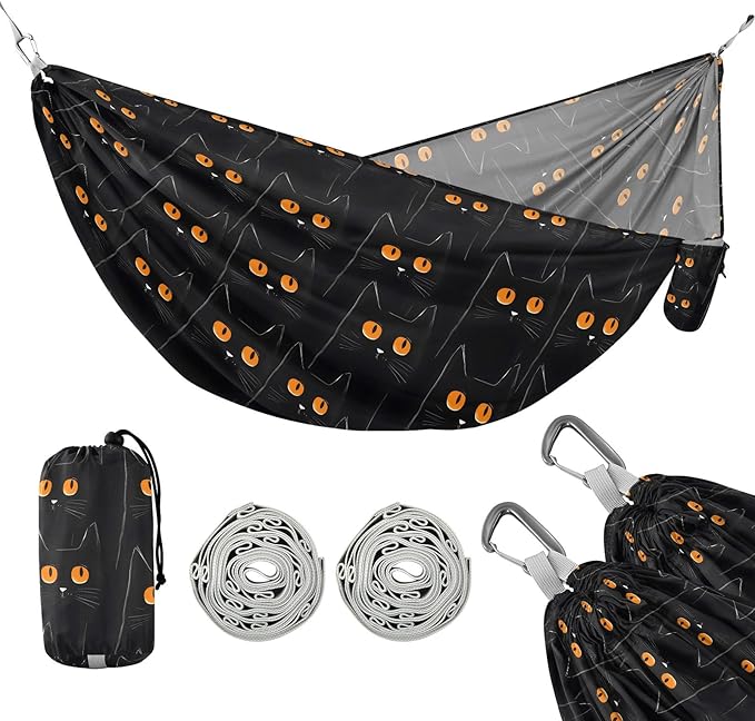 Camping Hammock Outdoor Hammocks for Outside Black Cat Orange Eyes Beach Trees Portable Lightweight with Pockets Tree Straps Indoor Small