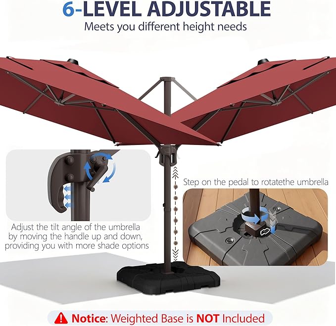 9' X 12' Cantilever Patio Umbrella Rectangle Outdoor Umbrella, 6-Level Tilt & 360° Rotation Offset Umbrella for Garden, Deck, Pool (Red)