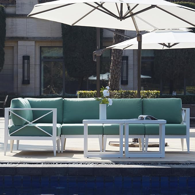 MBY Outdoor Aluminum Patio Furniture Set, 5-Seats Patio Conversation Sofa Set with 1 Corner Sofa and 2 Coffee Tables, All Weather for Pool, Balcony, Garden-White