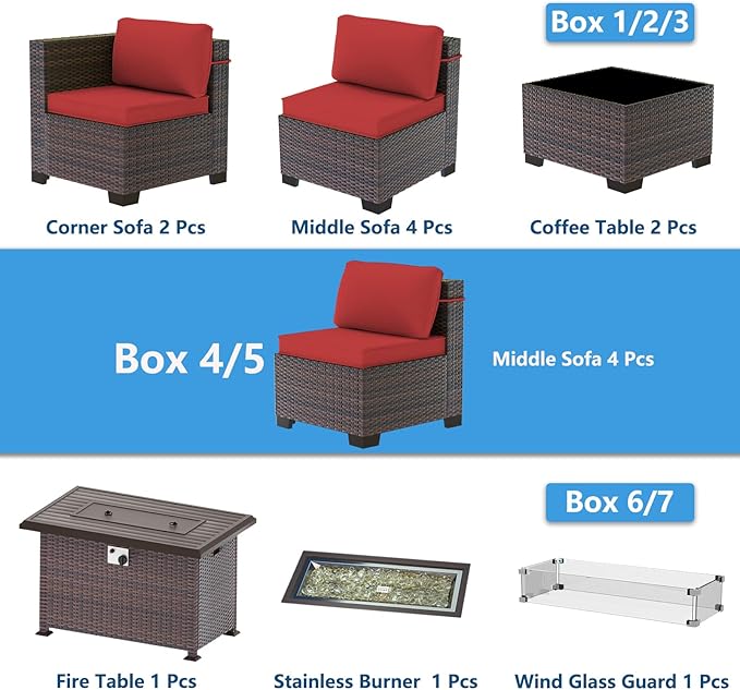 Outdoor Patio Furniture Set with Gas Fire Pit Table, 13 Pieces Outdoor Furniture Set Patio Sectional Sofa w/43in 55000 BTU Propane Fire Pit, PE Wicker Rattan Patio Conversation Sets - Red