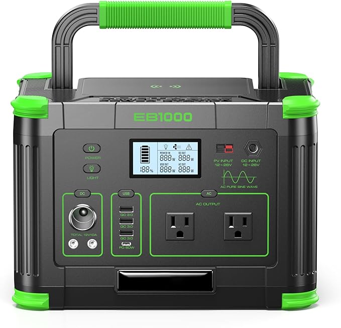 Portable Power Station 1000W (Peak 2000W), 999Wh Solar Generator with Pure Sine Wave AC Outlet, 60W USB-C PD, 10 Ports for Camping RV Van Home Backup Emergency Off-Grid Living