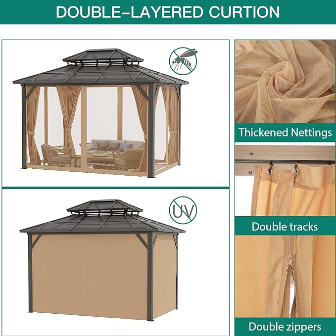 GAOMON 10'x12' Hardtop Gazebo, Outdoor Polycarbonate Double Roof Canopy, Aluminum Frame Permanent Pavilion with Curtains and Netting, Sunshade for Garden, Patio, Lawns