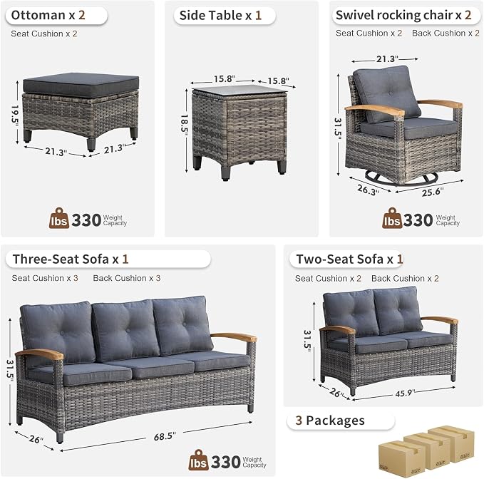 MEISSALIVVE 7 Pieces Outdoor Patio Furniture Sets, Wicker Patio Conversation Sets with 2 Wood Armrests Swivel Glide Chairs, Outdoor Couch for Deck Yard and Poolside (Grey)