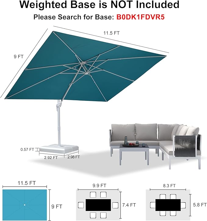 PURPLE LEAF 9' × 11.5' White Patio Umbrella Cantilever Outdoor Umbrella Aluminum Offset Square Umbrella Windproof with 360° Rotation for Deck Pool Garden, Turquoise