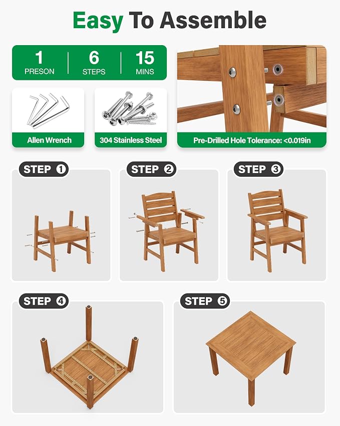 YEFU HIPS Outdoor Table and Chairs : Square Family-Friendly Patio Dining Sets - 5-Piece All-Weather Easy-Clean Outdoor Dining Set - Modern Furniture for Garden Deck Backyard Poolside（Teak）
