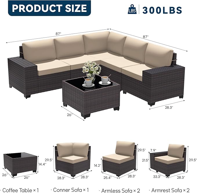 Patio Furniture Set 6 Pieces Outdoor Sectional Sofa Set,PE Rattan Wicker Patio Conversation Set with Thickened Cushions and Glass Coffee Table,Sand