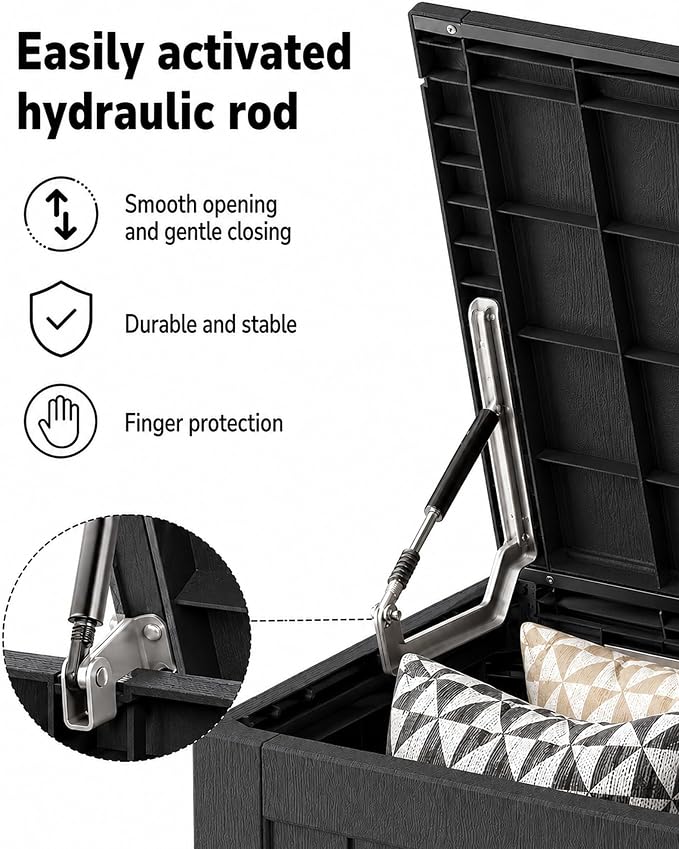 MAKINO 274 Gallon Large Waterproof Deck Box, Heavy Duty Resin Outdoor Storage Box, Outside Storage Bench with Hydraulic Rod for Patio/Furniture Cushions/Garden Tools/Backyard/Pool Accessories, Black
