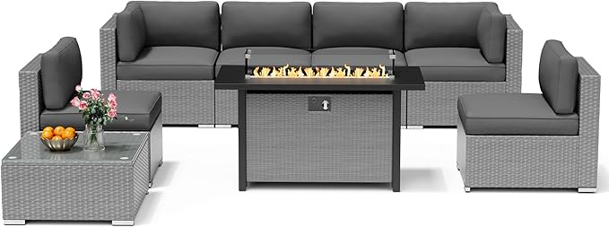 8 Pieces Outdoor Patio Furniture Set with 45” Propane Gas Firepit Table, Grey Wicker Patio Sectional Sofa Set, Outdoor Couch with Cushion and Tempered Glass Table, Grey