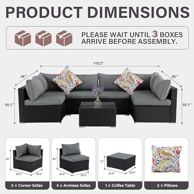 7-Piece Outdoor Patio Furniture Set, Outdoor Couch - Handwoven All-Weather Rattan & 4” Thick Waterproof Cushions, Wicker Outdoor Conversation Sets with Coffee Table for Backyard, Garden, Black/Grey