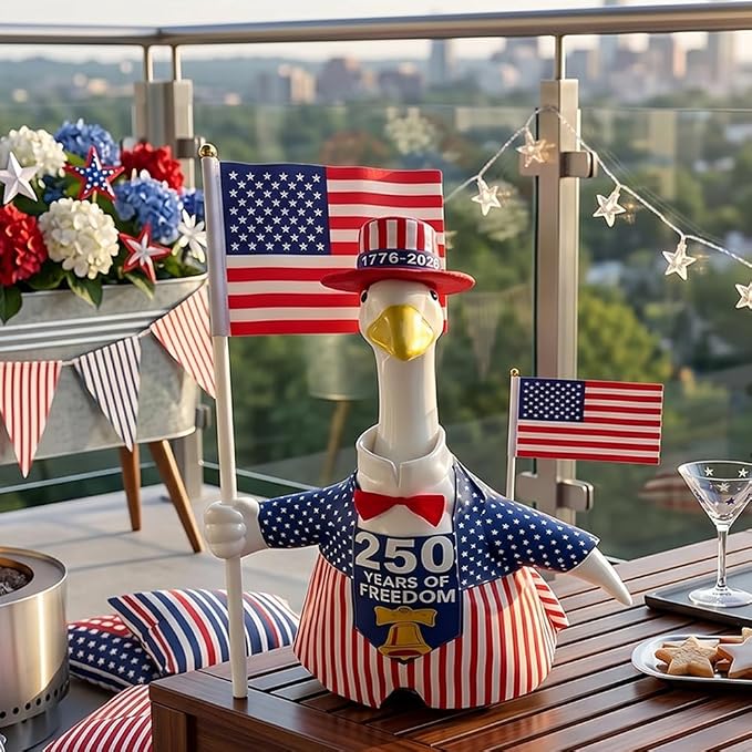 Patriotic Porch Goose Outfits for 23" H Lawn Statue, 4th of July Porch Goose Outfit Anniversary Sign Flag Goose Clothes Costume for Independence Day & Memorial Day Outdoor Garden Yard Patio Decor