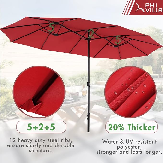 PHI VILLA 7pc Patio Dining Set w/Umbrella, Rectangular Table, Rattan Chairs | Outdoor Dining Set for 6, 60" Metal Table & 6 Cushioned Rattan Chairs with Red Umbrella for Outdoor, Deck, Yard, Porch