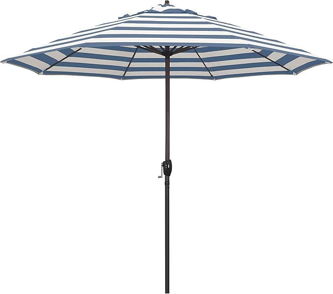 California Umbrella 12-Year Protection 9-Ft Outdoor Patio Umbrella, Sunbrella Fade-Resistant Acrylic Fabric, Auto Tilt and Crank, Heavy-Duty Aluminum Frame/ Reinforced Ribs, Bronze Pole, Cabana Regatta