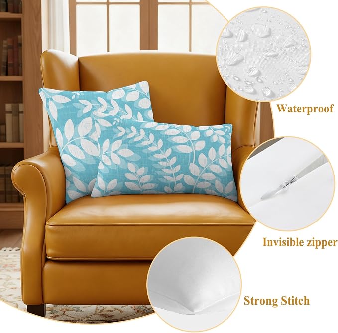 Light Blue Leaves Outdoor Waterproof Throw Pillow Covers 26x26 Set of 2, Farmhouse Botanical Branch Vintage Boho Leaf Decorative Pillowcases Cushion Pillowcase for Couch Sofa Patio Pillow Protector