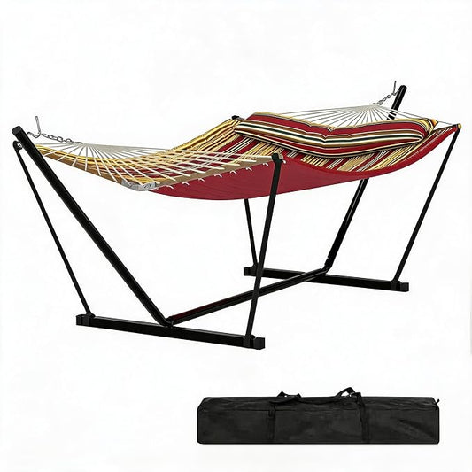 2 Person Heavy Duty Outdoor Hammock with Stand, Portable Double Hammock with Hardwood Spreader Bar, Pillow & Balance Ropes, 450LB Max Capacity with Carry Bag for Patio Backyard Garden Beach