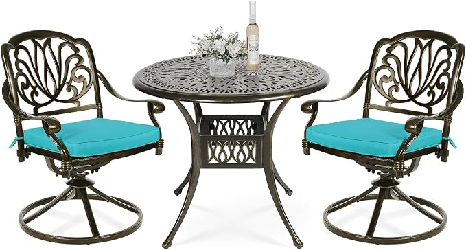 VIVIJASON 3-Piece Patio Furniture Dining Set, Outdoor All-Weather Cast Aluminum Bistro Set, Include 2 Swivel Chairs and 35.4" Round Table w/Umbrella Hole for Balcony, Lawn, Garden (Ocean Blue Cushion)