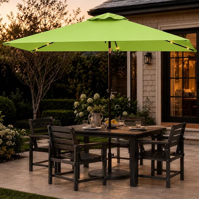 6.5 x 10ft Rectangular Patio Umbrella with Solar Lights, 16 LED Lighted Market Umbrella with Push-Button Tilt and Crank, 6 Sturdy Iron Ribs for Garden, Deck, Pool, Apple Green