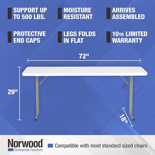 Norwood Commercial Furniture 6' Indoor/Outdoor Folding Training Table, Rectangular Blow-Molded Plastic Folding Training and Event Table, White
