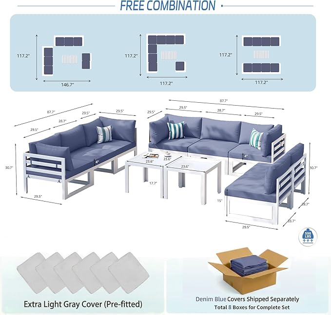 NICESOUL 8 People Extra Large Luxury Aluminum Patio Conversation Set for Backyard Garden, 29" Deep Wide Seat, U Shaped Modular Sectional Couch, 500 lbs Heavy Duty All Weather Outdoor Sofa, Denim Blue