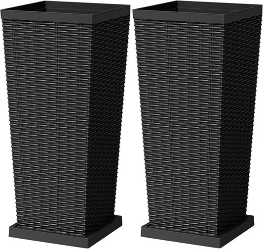 Greesum 30 Inch Tall Plastic Planters with Detachable Inner Pot & Drainage Holes (Set of 2), Extra Large Outdoor Flower Pots for Large Plants, Trees, Patio, and Garden, Black