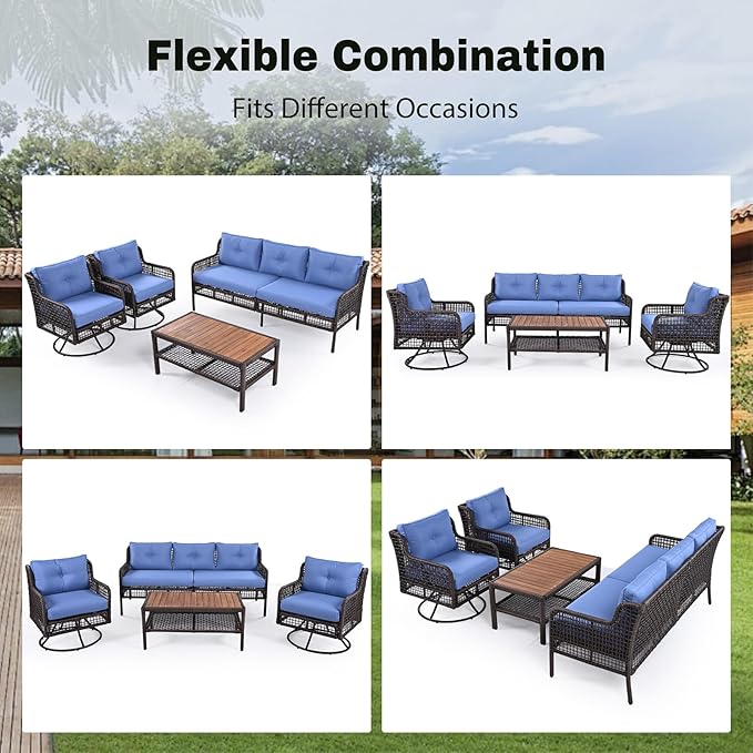 4 Pieces Patio Furniture Set with Swivel Chairs, Outdoor Metal Conversation Set Sectional Rattan Sofa Couch for 5-Person, for Deck, Lawn, Balcony, Porch, Blue