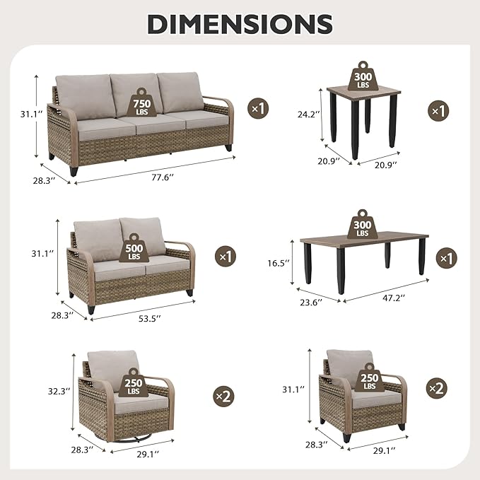 EAGLE PEAK Modern Wicker Outdoor Patio Furniture Set, Patio Conversation Set, 2 Chairs, 2 Swivel Rocker Chairs, 3-Seat Sofa, Loveseat, Coffee Table and Side Table, 8 Pieces, Brown/Gray