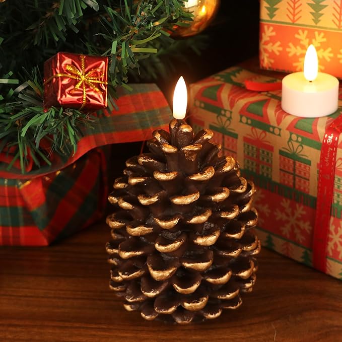 DRomance Flameless Pinecone Candles Battery Operated with 6 Hour Timer Set of 2 Real Brown Wax 3D Wick LED Flickering Pillar Candles Christmas Holiday Decor(Gold, 3.5 x 6 Inch)