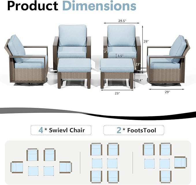 Outdoor Patio Furniture Set, 6 Piece Wicker Patio Conversation with Deep Seating, Thicken Cushions, Outdoor Swivel Rocker Patio Chairs, Metal Outdoor Furniture for Deck, Porch, Yard Use