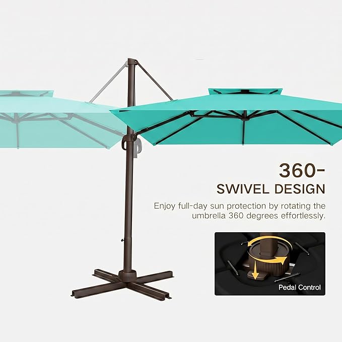 Kingdura Cantilever Patio Umbrella with Double Top Vent, Large Square Aluminum Outdoor Offset Umbrella with 360-degree Rotation, Infinite Tilt, UV Protection for Pool Deck Garden Patio