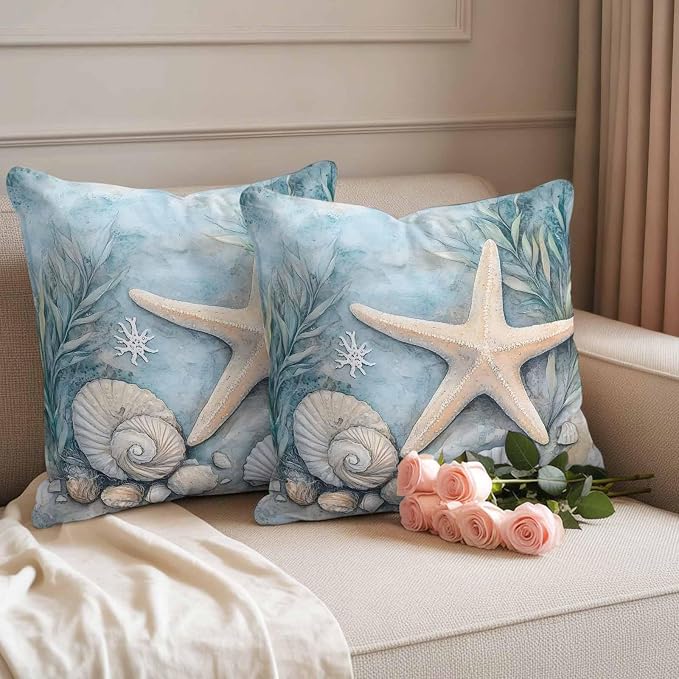 Ocean Coral Outdoor Waterproof Throw Pillow Covers Set of 2, 20"x20", Shell Starfish Plant Leaf Coastal Rustic Decorative Pillow Covers Outside Cushion Case for Patio Porch Garden