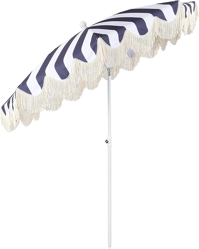 JONATHAN Y Mariner 6.5 ft. Beach Umbrella, Navy/White Striped with Fringe, Push-Button Tilt, UPF 50+ Sun Protection and Carrying Bag for Patio and Pool, White Pole UMB1003N