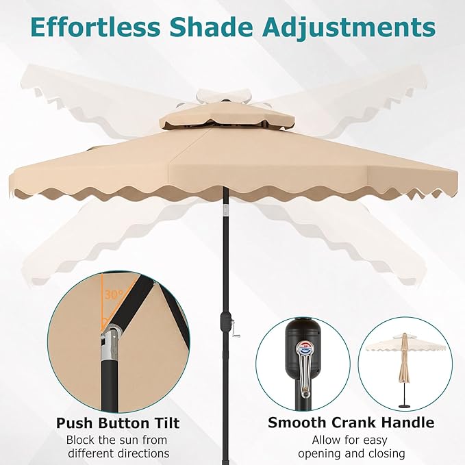 Happygrill 9 FT Patio Umbrella, Scalloped Outdoor Table Market Umbrella with Push Button Tilt & Crank, 2-Tier Vented Top, Heavy-Duty 8 Metal Ribs, Sun-Protective Canopy, Ruffle for Deck Pool Garden (Beige)