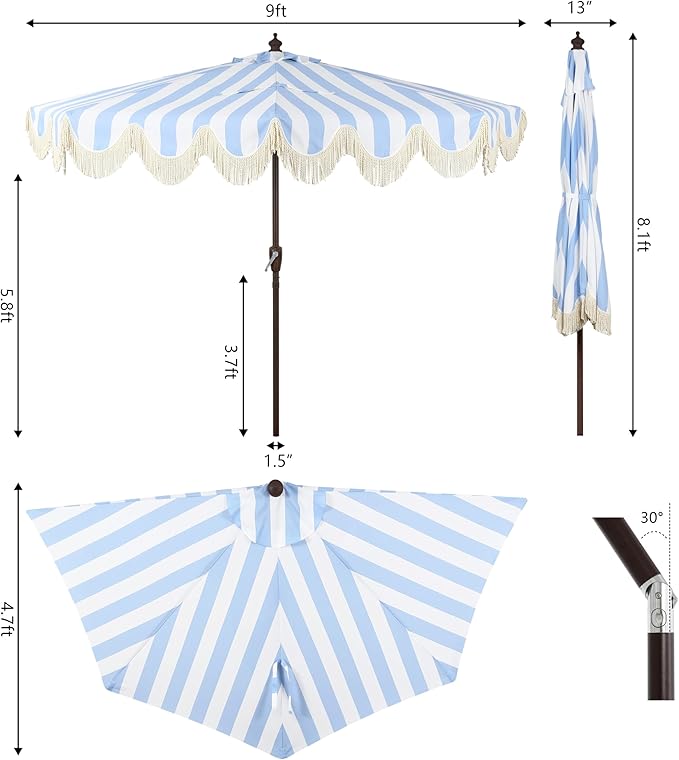 JONATHAN Y Beverly 9 ft. Coastal Light Blue and White Striped Half Patio Umbrella with Scalloped Fringe, Crank Lift, and Manual Tilt for Balcony, Dark Brown Pole UMB1201C
