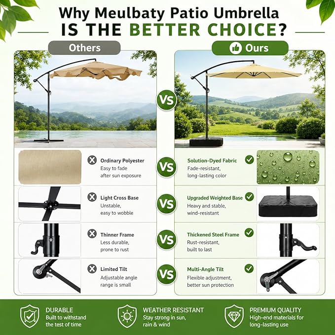 10FT Patio Umbrella with Base, Outdoor Umbrella Pool Umbrella Cantilever Umbrells - UV Protection, Easy Tilt & 360° Rotation for Poolside, Backyard & Garden