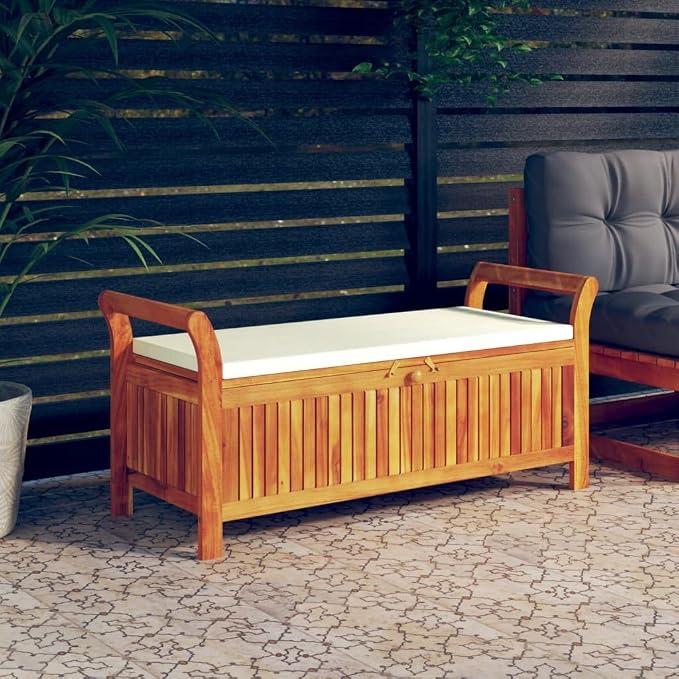 Wooden Outdoor Patio Storage Bench Large Deck Box with White Cream Cushion 49.6"x19.7"x23.6" Solid Wood Acacia Storage Box Deck Box with Seat for Garden, Balcony, Porch, Pool,Yard-AA