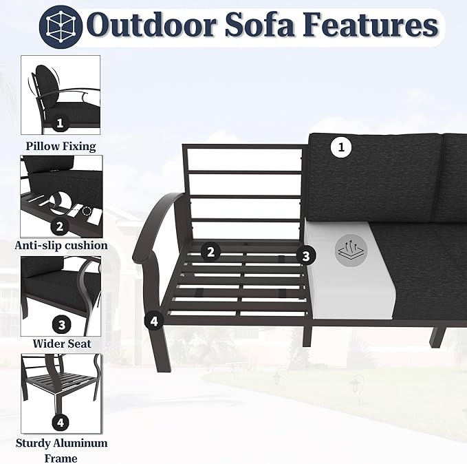 Kurapika Aluminum Patio Furniture Set 5-Seat Modern Metal Outdoor Conversation Sets w/5.1 Inch Cushion Patio Sectional Sofa, Black