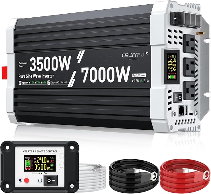 3500 watt Pure sine Wave Inverter, 24V DC to 110V AC Power Inverter, Used for Solar Emergency Power Supply in RV Homes, with 3 AC Output sockets, USB Port, Type-C Port, Remote Control with LCD Screen