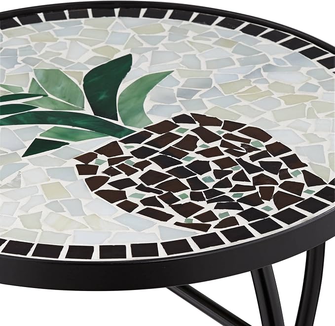 Teal Island Designs Pineapple Modern Black Metal Round Outdoor Accent Side Tables 14" Wide Set of 2 Beige Mosaic Tile Tabletop Gracefully Curved Legs for Spaces Porch Patio Home House Balcony Deck