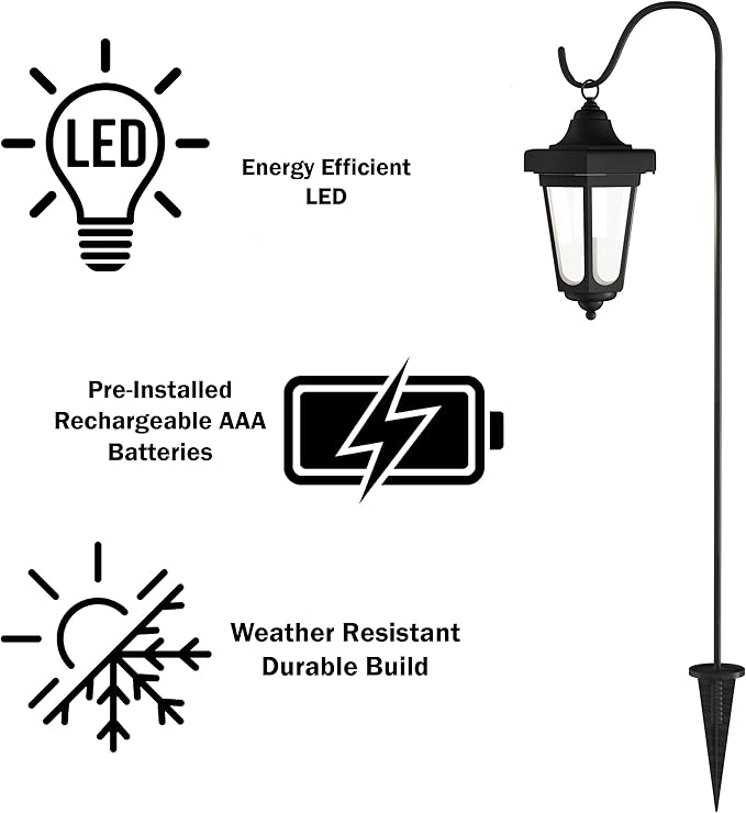 Set of 2 Solar Lanterns - Waterproof Hanging Coach LED Lights with Shepherd Hooks for Mounting - Garden Decor for Outside by Pure Garden (Black)