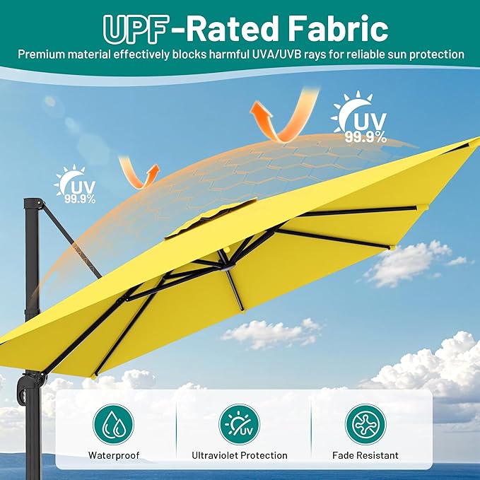 AreShark 9 × 9FT Square Cantilever Patio Umbrella with Base Included, 360° Rotation Offset Outdoor Umbrella, 5 Tilt Settings Heavy Duty Hanging Parasol for Deck Garden Pool, Yellow