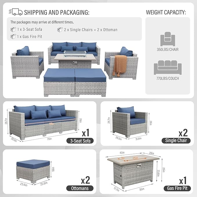 6-Piece Wicker Outdoor Patio Furniture Set with PE Rattan Sectional Sofa, Conversation Set and Fire Pit Table for Backyard Patio(Gray)