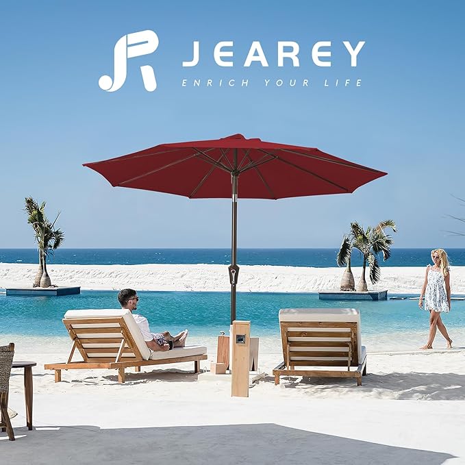 JEAREY Outdoor Patio Umbrella 9FT Outdoor Table Umbrella with Push Button Tilt and Crank, Market Umbrellas 8 Sturdy Ribs UV Protection Waterproof for Garden, Deck, Pool (Cherry Red)